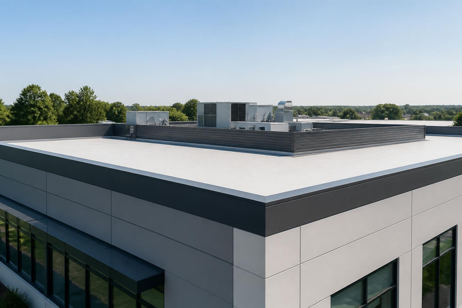 Completed commercial roof with clean surfaces and strong lines.