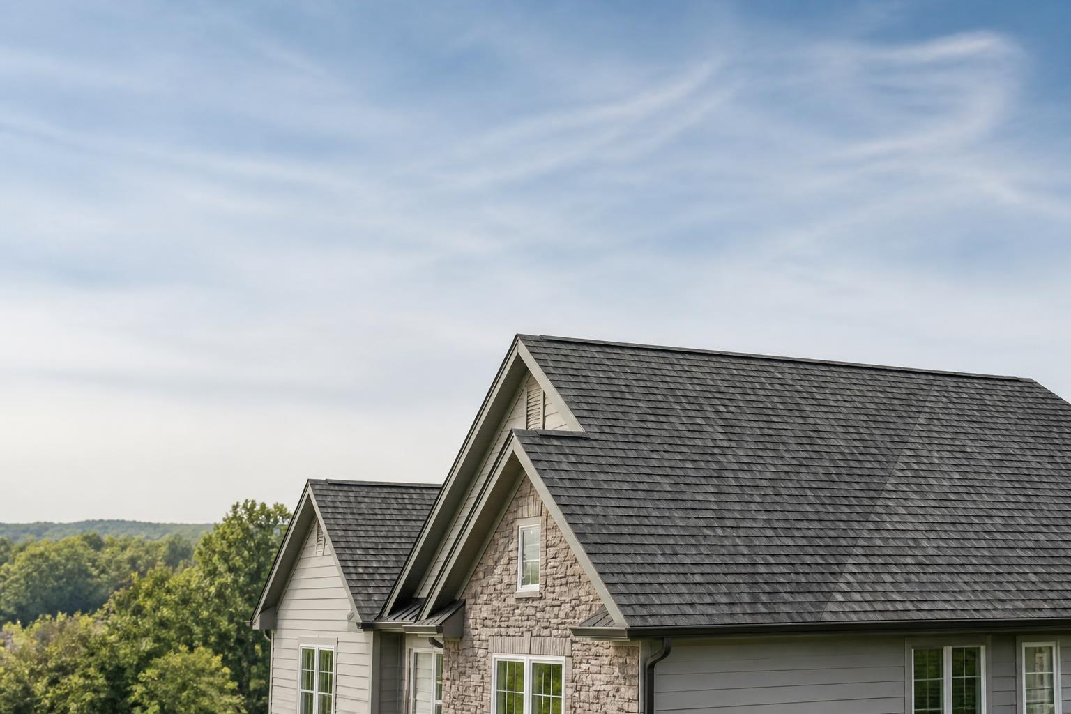 Finished roof on a home with open sky and space for text.